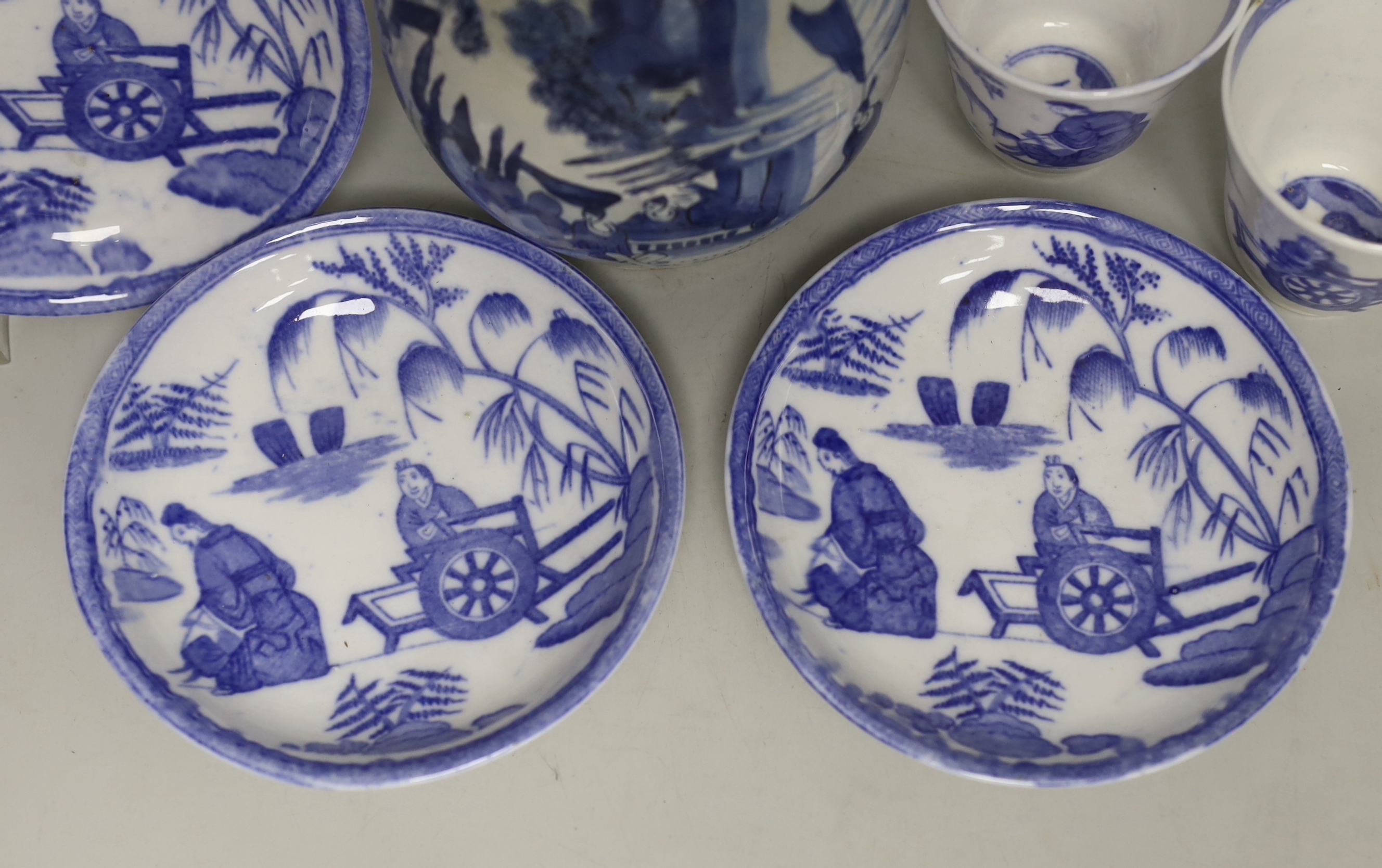 A late 17th century Delft blue and white ewer and three Chinese style tumblers and saucers, tallest 20cm